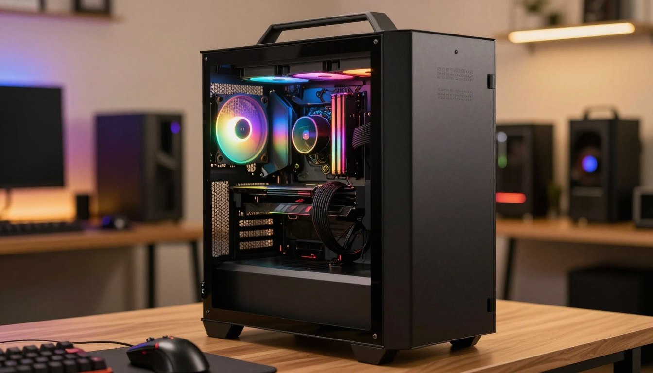 Gaming PC case with power supply and drive mounting points